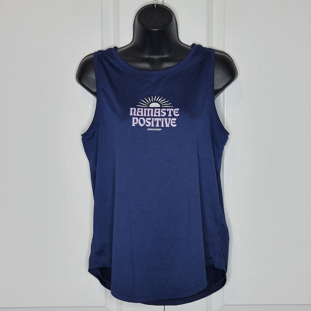 Women's Sz M Life is Good Namaste Positive Darkest Blue Lightweight Active Tank - Picture 2 of 9